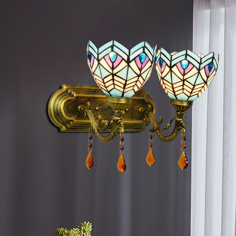 Ridged Bell Stained Glass Wall Lighting Mediterranean 2-Light Brass Vanity Light Fixture