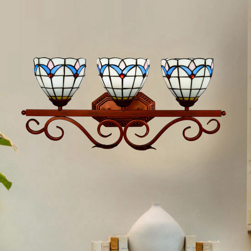 Bell/Pyramid Shaped Wall Light Fixture Mission Stained Glass 3 Heads Blue/Green Vanity Lighting