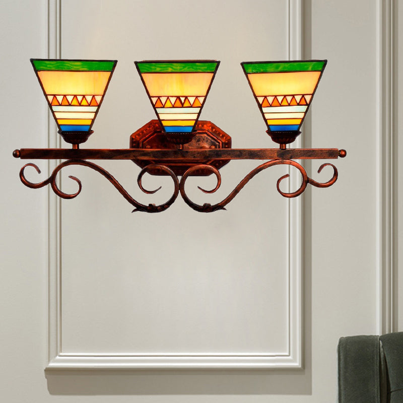 Bell/Pyramid Shaped Wall Light Fixture Mission Stained Glass 3 Heads Blue/Green Vanity Lighting