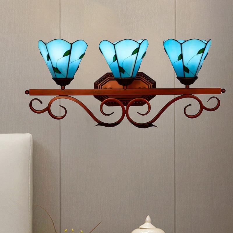 Copper 3 Bulbs Vanity Lamp Tiffany Blue Paneled Glass Flower Sconce Light Fixture