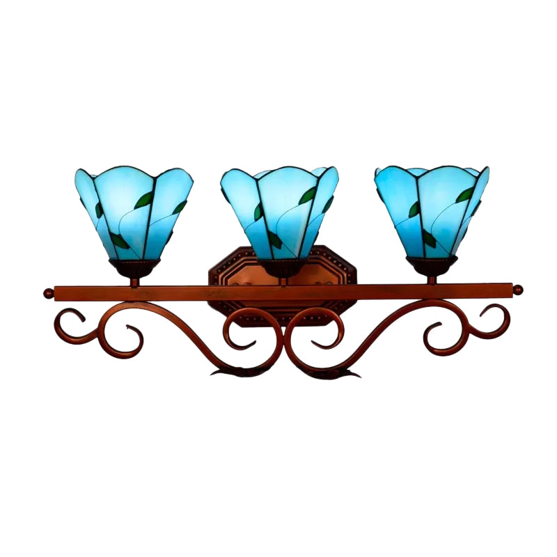 Copper 3 Bulbs Vanity Lamp Tiffany Blue Paneled Glass Flower Sconce Light Fixture