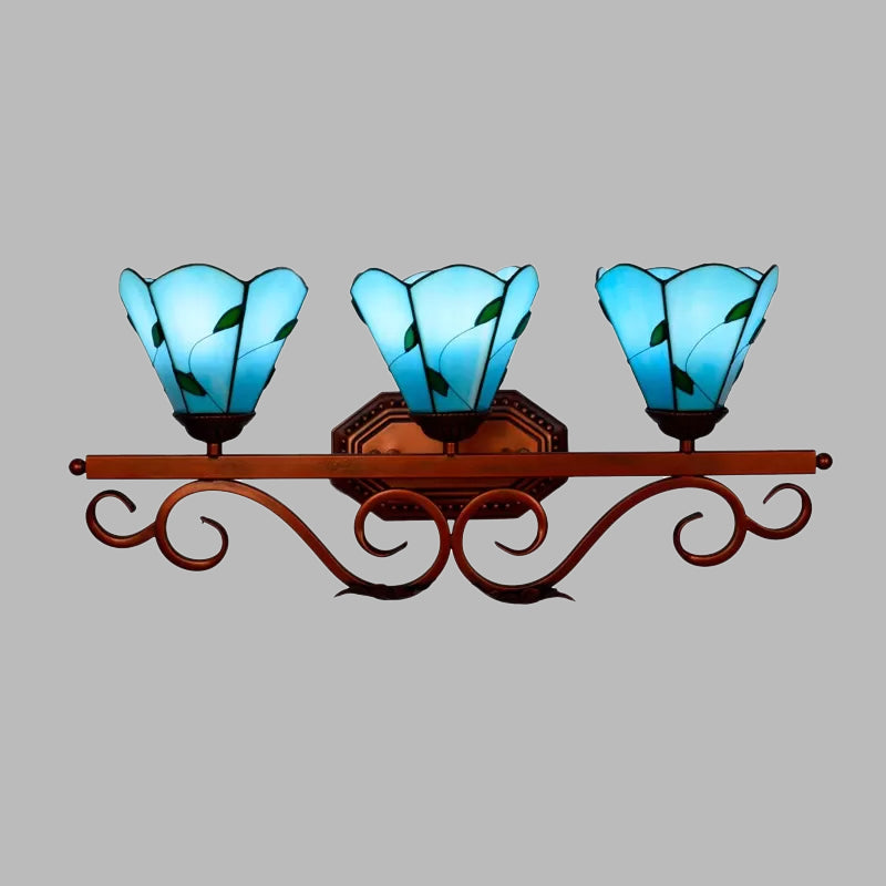 Copper 3 Bulbs Vanity Lamp Tiffany Blue Paneled Glass Flower Sconce Light Fixture