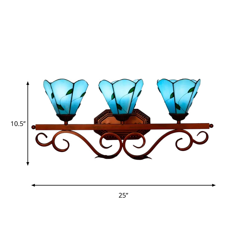 Copper 3 Bulbs Vanity Lamp Tiffany Blue Paneled Glass Flower Sconce Light Fixture