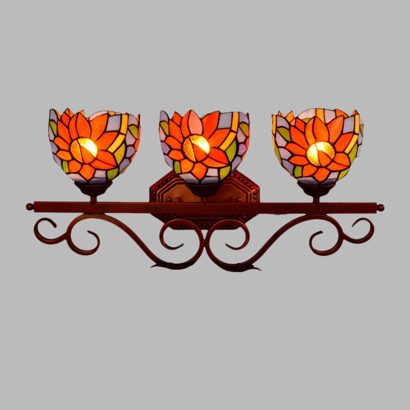3 Lights Wall Lighting Fixture Tiffany Dome Sunflower-Pattern Stained Glass Sconce with Swirling Arm in Bronze