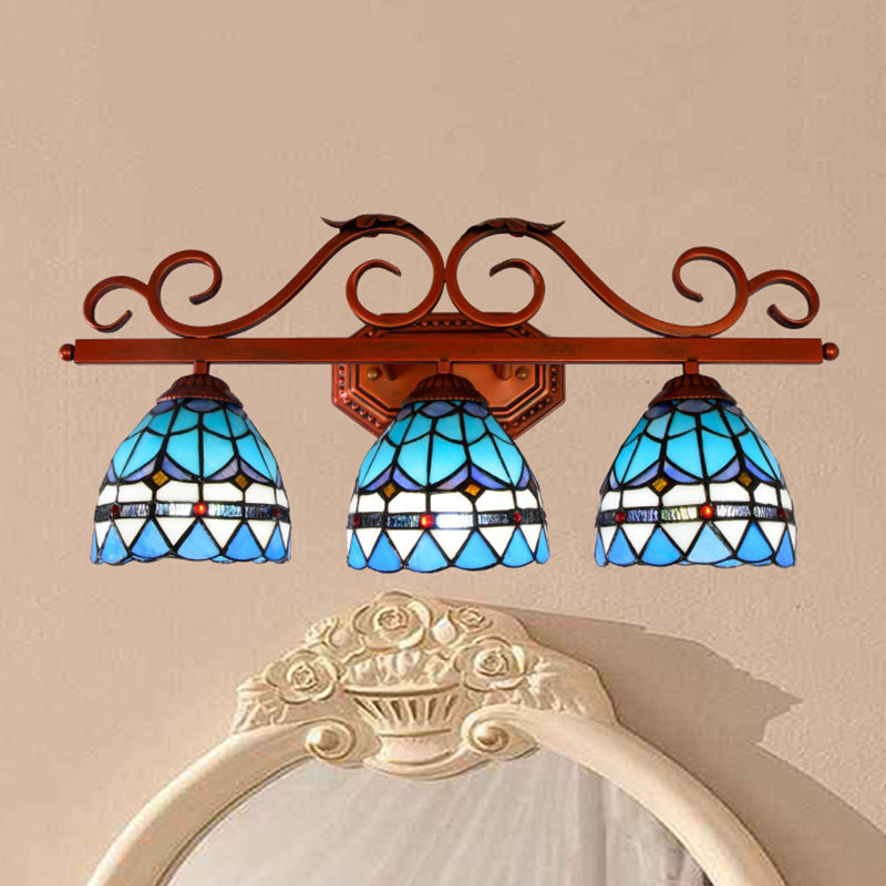 Blue Glass Bell Vanity Wall Light Mediterranean 3 Bulbs Copper Sconce Lighting with Scroll Arm