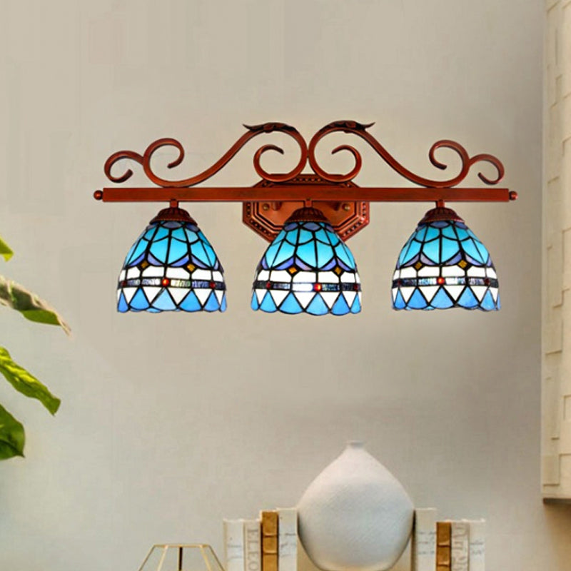 Blue Glass Bell Vanity Wall Light Mediterranean 3 Bulbs Copper Sconce Lighting with Scroll Arm