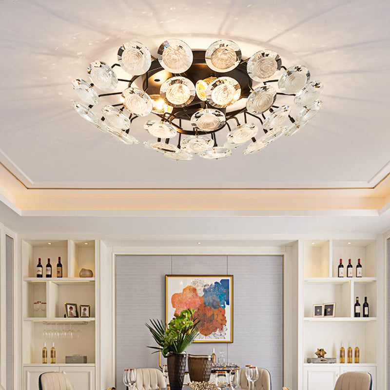 Modernism Sputnik Semi Flush Lighting Crystal 4 Bulbs Dining Room Close to Ceiling Lamp in Black