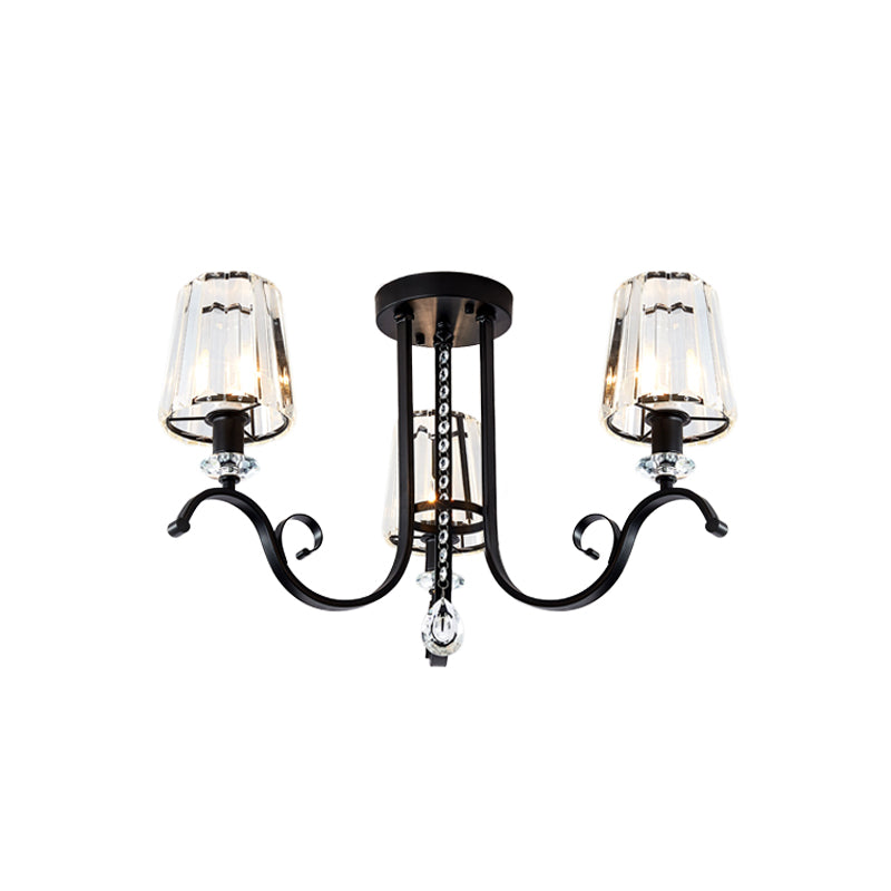 3/7 Heads Dining Room Hanging Light Kit Modernism Black Finish Ceiling Chandelier with Cone Crystal Shade