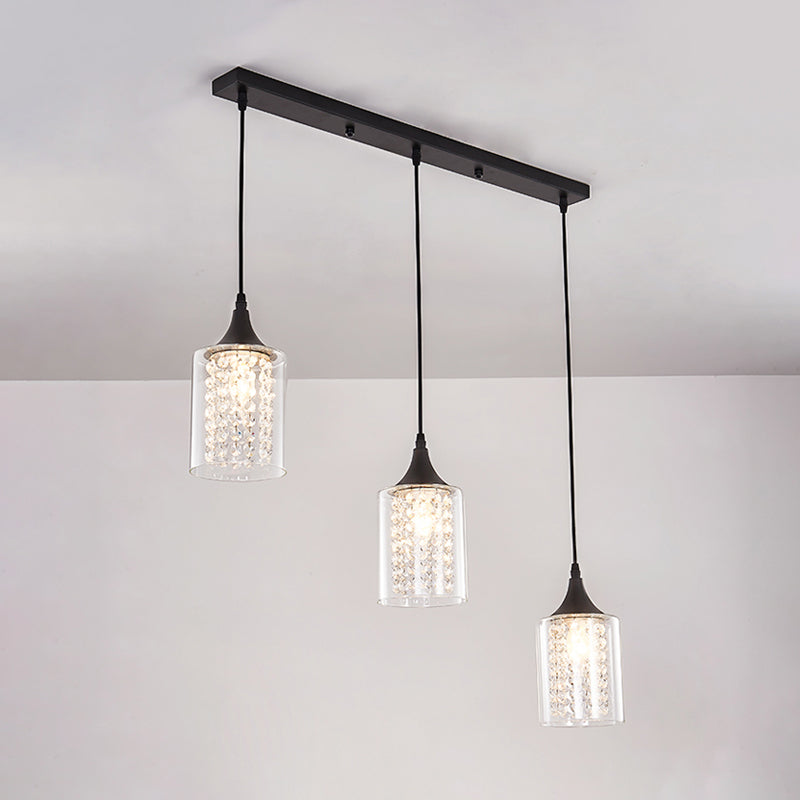 Cilindro in vetro trasparente multiplo a sospeso lampada a pendolo nero minimalista a 3 luci con baldacchino lineare/rotondo