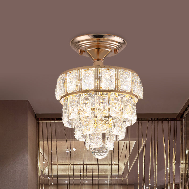 Beveled Crystal Square LED Ceiling Flush Modern Gold 4 Tiers Tapered Hallway Semi Flush Mount Lighting