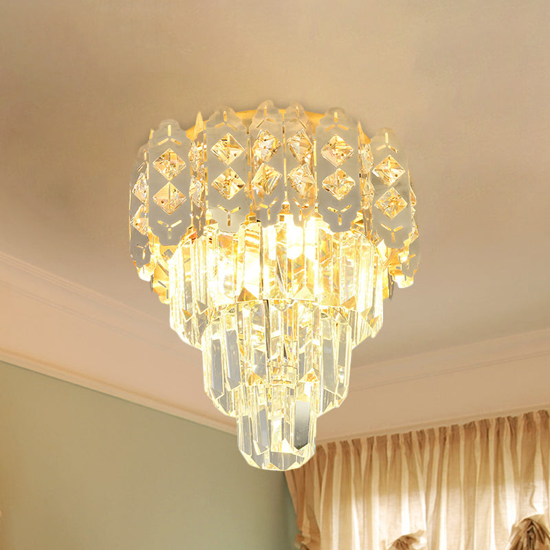 3 Lights Layered Tapered Ceiling Fixture Modern Style Gold Crystal Prism Semi Mount Lighting