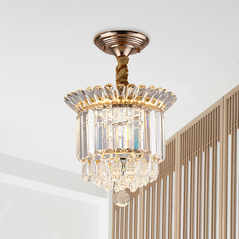 Clear Crystal LED Semi Flush Simplicity Galería cilíndrica de oro Cerca de la luz del techo con gotas