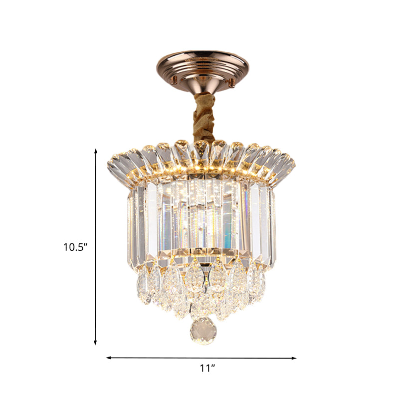 Clear Crystal LED Semi Flush Simplicity Galería cilíndrica de oro Cerca de la luz del techo con gotas