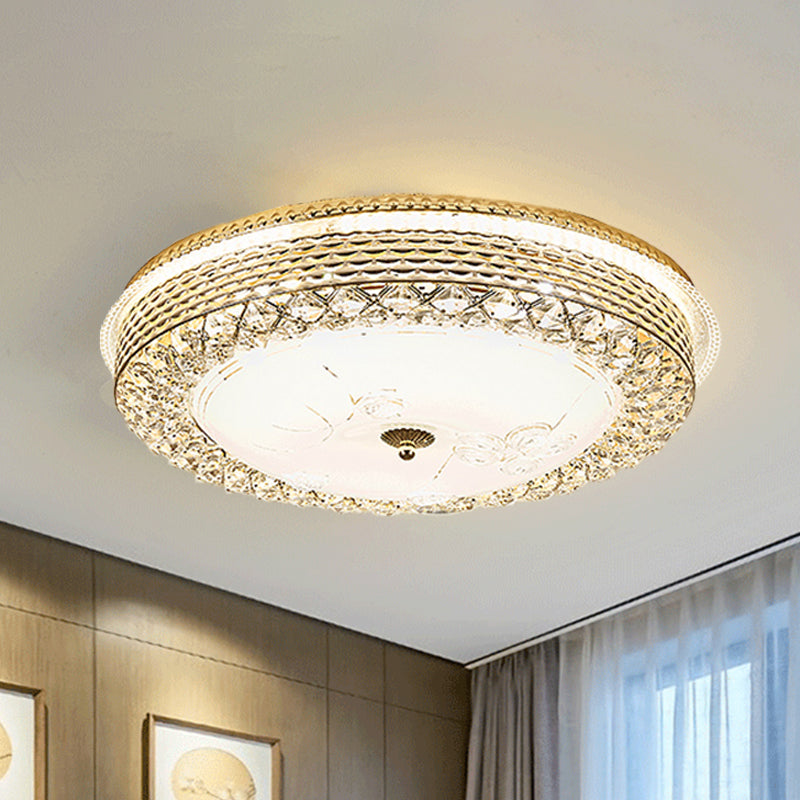 LED Round Flush Mount Modernism Gold Metal Ceiling Light with Crystal Accent and Dome Opal Glass Shade