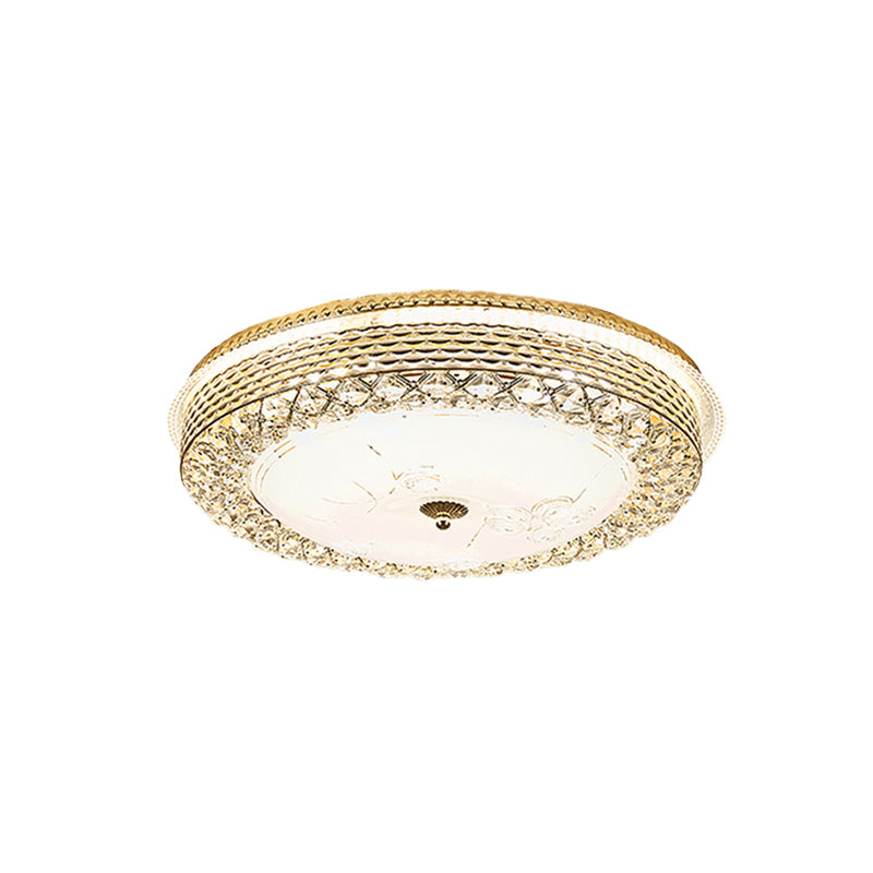 LED Round Flush Mount Modernism Gold Metal Ceiling Light with Crystal Accent and Dome Opal Glass Shade