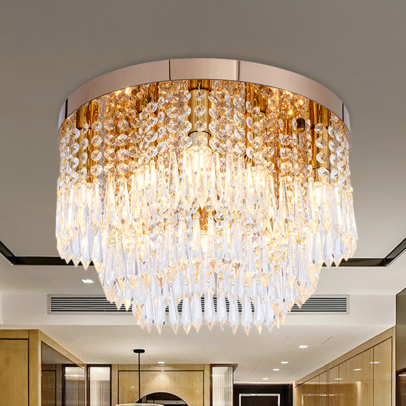 Layered Crystal Fringe Floral Flushmount Contemporary 10 Bulbs Dining Room Ceiling Mount Light in Gold