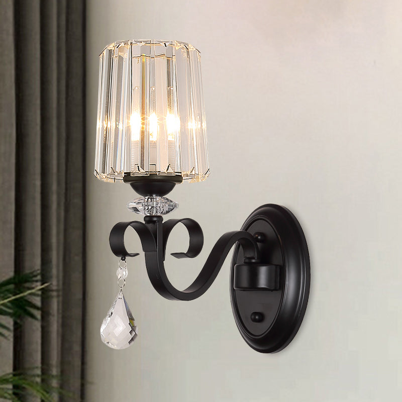 1/2-Light Clear Prismatic Crystal Sconce Modern Black Cylinder Living Room Wall Mount Lamp