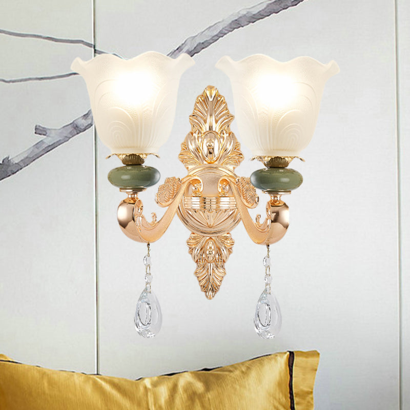 Traditional Ruffle Shade Wall Light 1/2-Bulb Opal Frosted Glass Sconce Lighting in Gold
