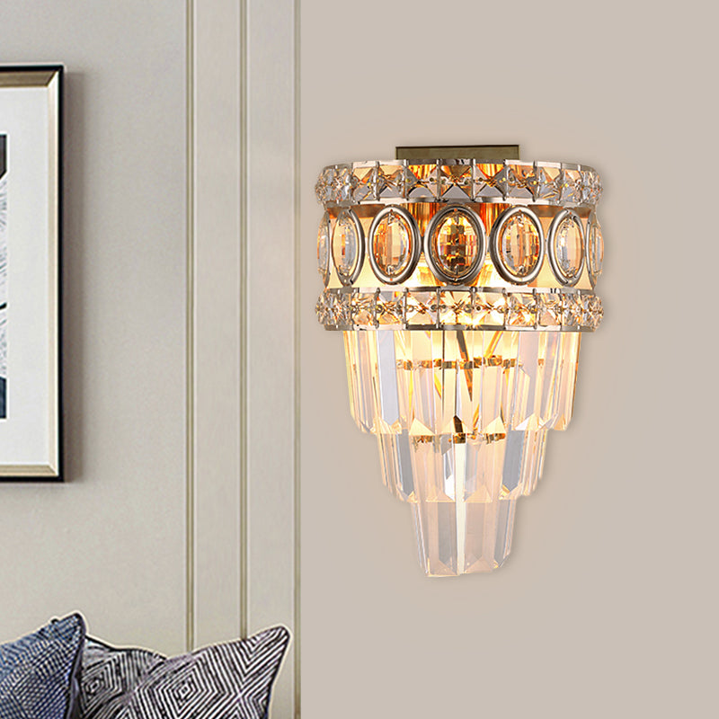 Crystal Tapered Wall Lighting Postmodern 2 Lights Living Room Flush Mount with Gold Circle/Grid Frame