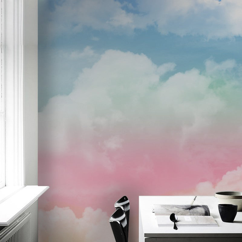 Full Photography Cloud Wall Mural for Girl's Bedroom Decor in Pink and Blue, Custom Size Available