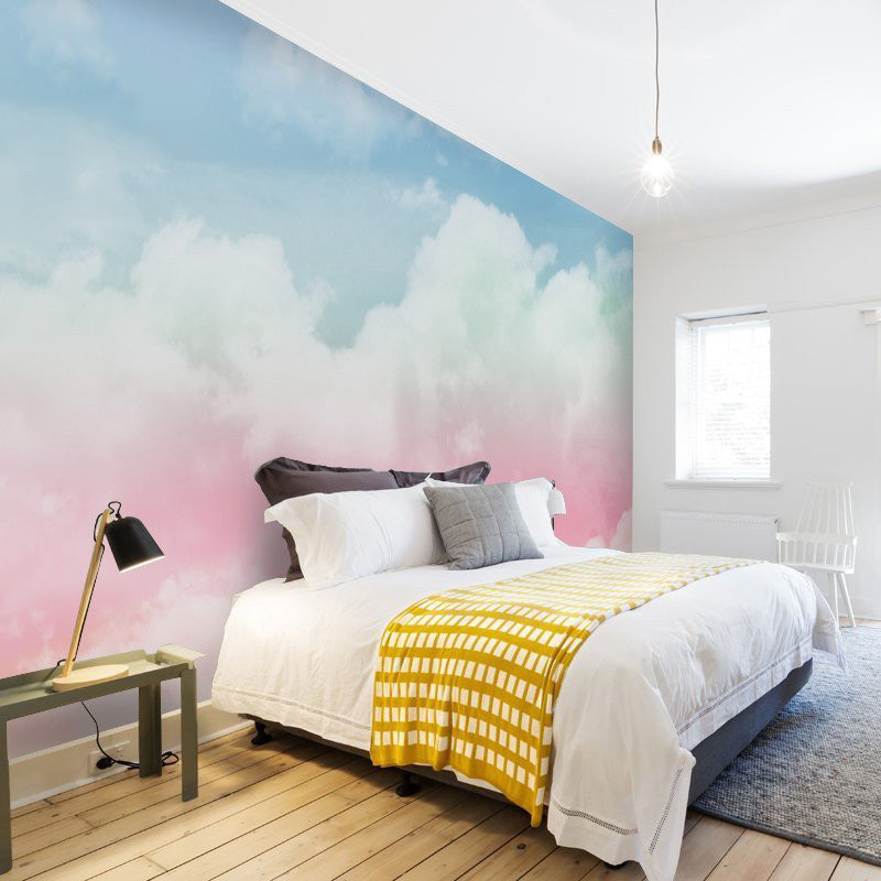 Full Photography Cloud Wall Mural for Girl's Bedroom Decor in Pink and Blue, Custom Size Available