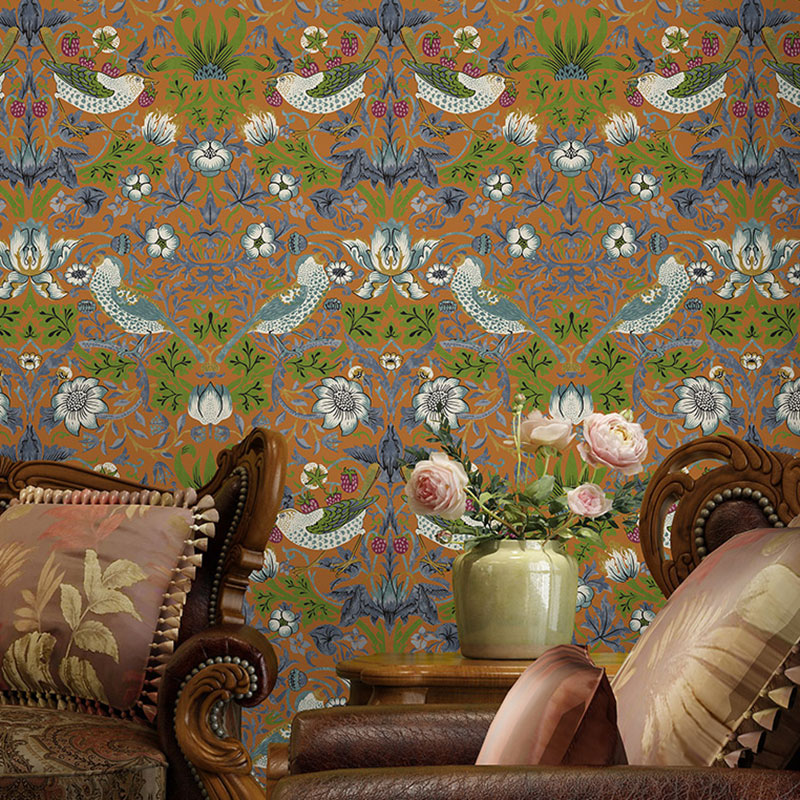 Neutral Color Rustic Wall Art 33' by 20.5" Damasque and Bird Wallpaper Roll for Accent Wall