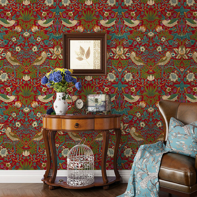 Neutral Color Rustic Wall Art 33' by 20.5" Damasque and Bird Wallpaper Roll for Accent Wall