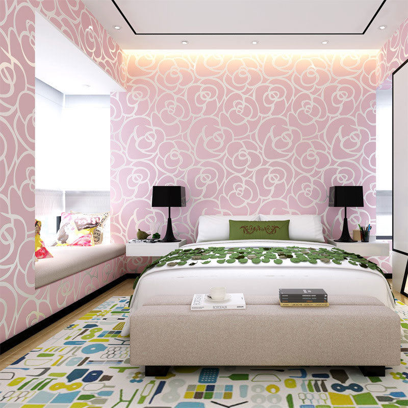 Blossoming Rose Wall Art for Girl's Bedroom 3D Effect Wallpaper Roll in Pink for Weeding Room, Water-Resistant