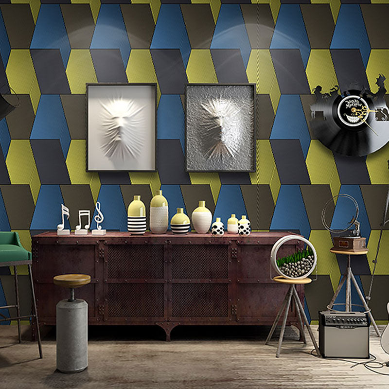 Contemporary Wallpaper in Yellow and Blue 3D Effect Cube Wall Covering, 57.1 sq ft.