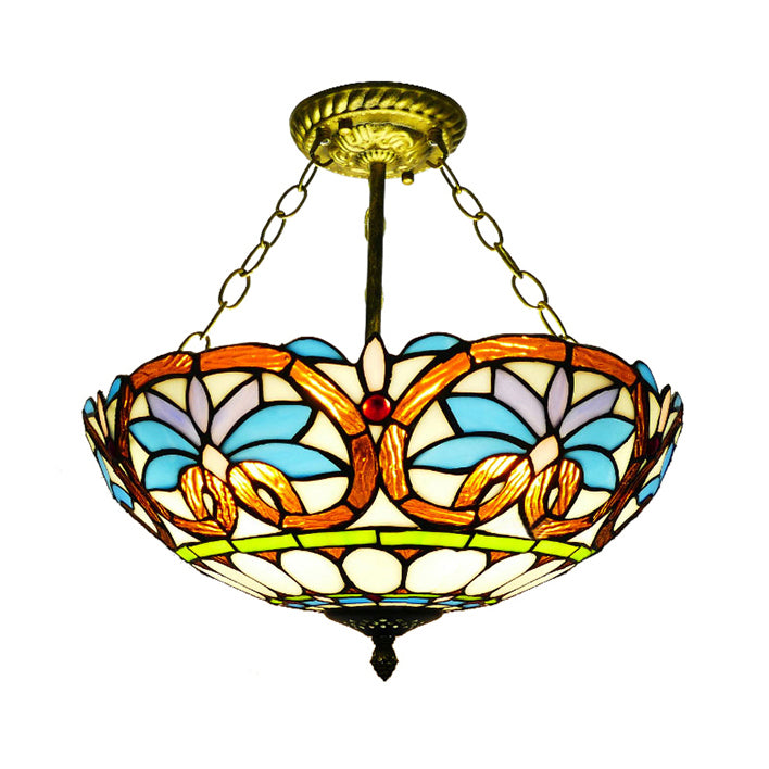 12"/16" Wide Victorian Design Bowl Ceiling Fixture Tiffany Style Stained Glass Semi Flush Mount Light in Red/Purple/Brass/Orange-Blue/Orange-Purple for Villa