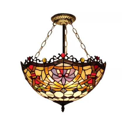 12"/16" Wide Victorian Design Bowl Ceiling Fixture Tiffany Style Stained Glass Semi Flush Mount Light in Red/Purple/Brass/Orange-Blue/Orange-Purple for Villa