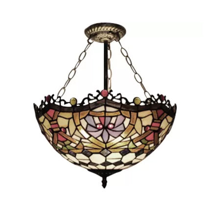 12"/16" Wide Victorian Design Bowl Ceiling Fixture Tiffany Style Stained Glass Semi Flush Mount Light in Red/Purple/Brass/Orange-Blue/Orange-Purple for Villa