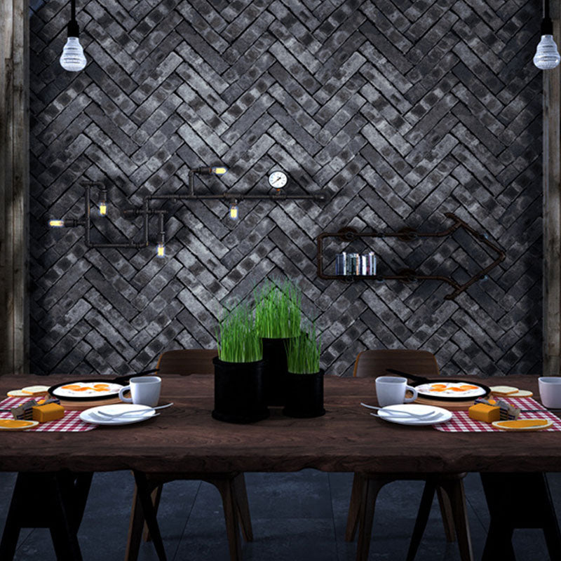 Industrial Wall Covering Dark Color Herringbone Brick Wallpaper Roll, 57.1 sq ft., Non-Pasted