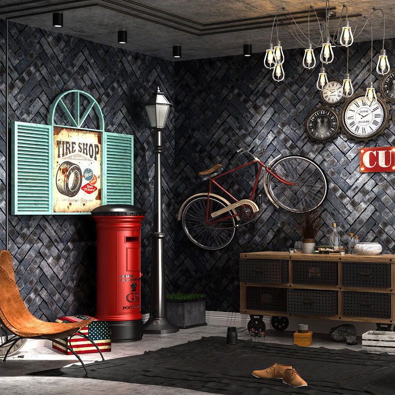 Industrial Wall Covering Dark Color Herringbone Brick Wallpaper Roll, 57.1 sq ft., Non-Pasted