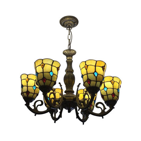 6 Bulbs Bell Hanging Light with Bead Tiffany Vintage Glass Chandelier in Yellow for Study Room