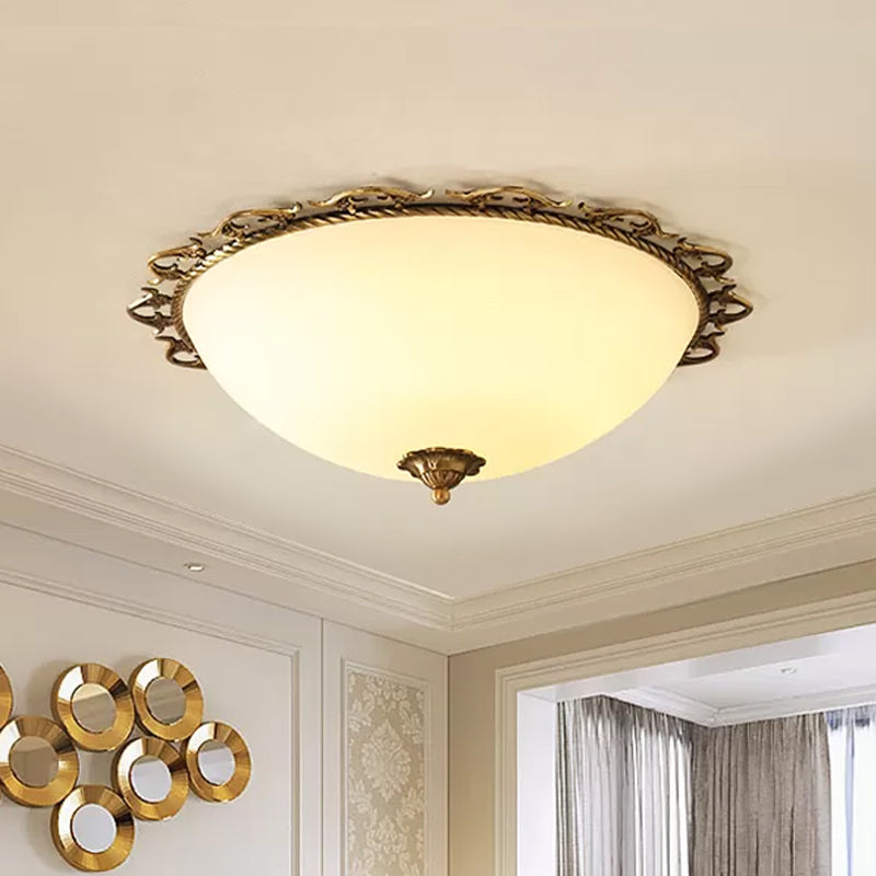 3/5 Bulbs Half-Globe Flush Light Rural Brass Frosted White Glass Ceiling Mount Lamp with Trim