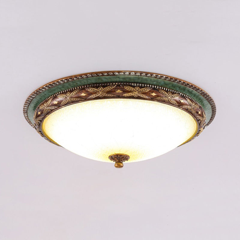 Vintage Shallow Bowl Ceiling Lighting Opaline Glass LED Flush Mount Light Fixture in Green and Brown