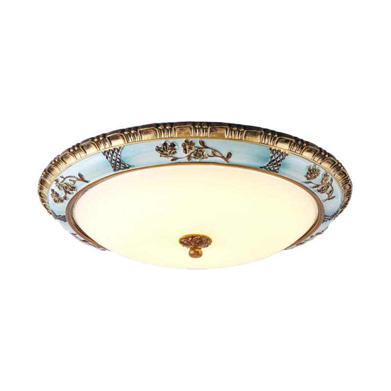 Dome Cream Glass Flush Light Fixture Retro Dining Room LED Ceiling Mount Lamp in Blue