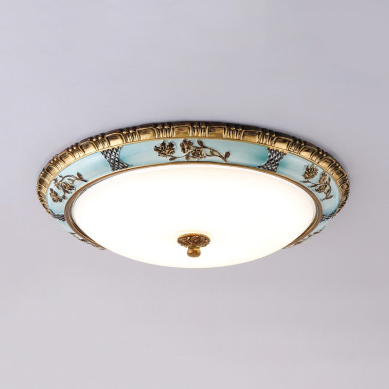 Dome Cream Glass Flush Light Fixture Retro Dining Room LED Ceiling Mount Lamp in Blue