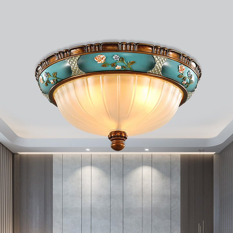 Green 3 Bulbs Ceiling Flush Light Retro Ribbed Glass Embossed Flower Hemispherical Flush Mount Lighting, 15"/19" Wide
