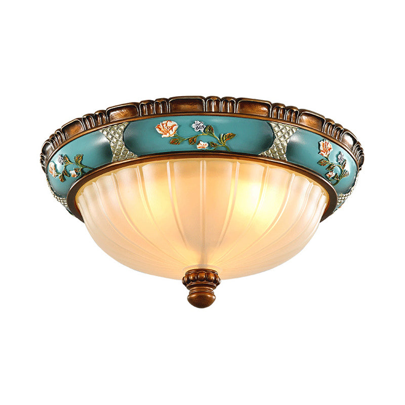 Green 3 Bulbs Ceiling Flush Light Retro Ribbed Glass Embossed Flower Hemispherical Flush Mount Lighting, 15"/19" Wide