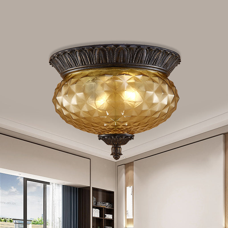 Oval Kitchen Flush Mount Lamp Rustic Amber Beveled Glass 2-Bulb Black Ceiling Lighting Fixture