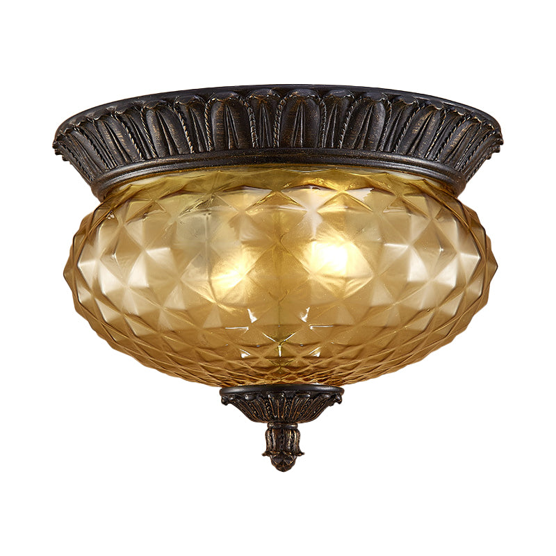 Oval Kitchen Flush Mount Lamp Rustic Amber Beveled Glass 2-Bulb Black Ceiling Lighting Fixture