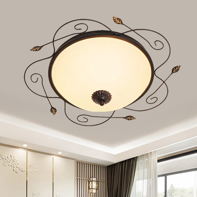 Dome Ivory Glass Flushmount Rural 3-Head Dining Room Flush Mount Ceiling Lighting with Twined Vines in Black, 18"/25" W