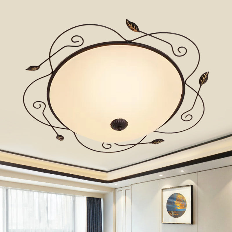 Dome Ivory Glass Flushmount Rural 3-Head Dining Room Flush Mount Ceiling Lighting with Twined Vines in Black, 18"/25" W