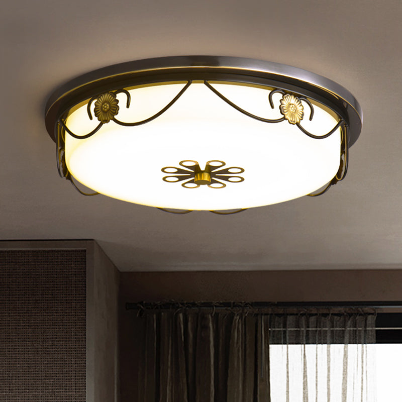 White Glass LED Flush Mount Ceiling Light Rustic Black Round Bedroom Flushmount Lamp