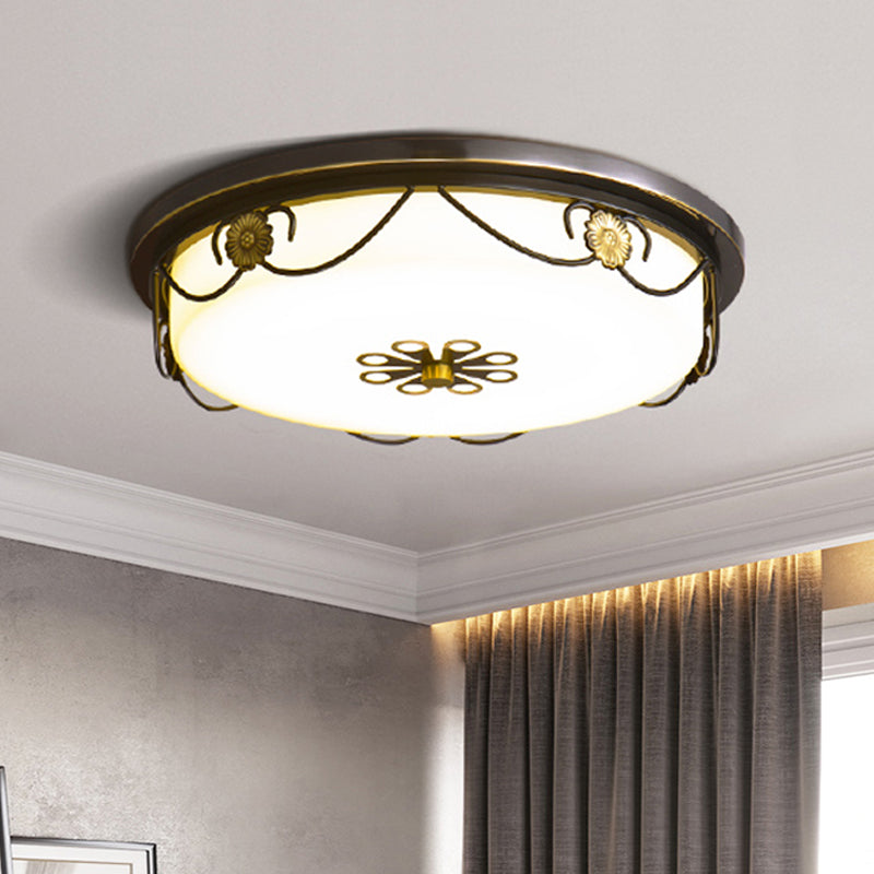 White Glass LED Flush Mount Ceiling Light Rustic Black Round Bedroom Flushmount Lamp