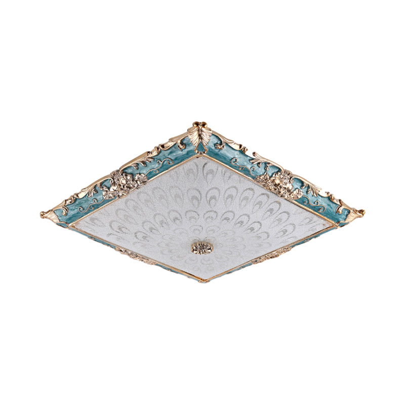 Traditional Square Flush Ceiling Light White Glass LED Flush Mount Lighting Fixture in Green, 16"/19.5" Width