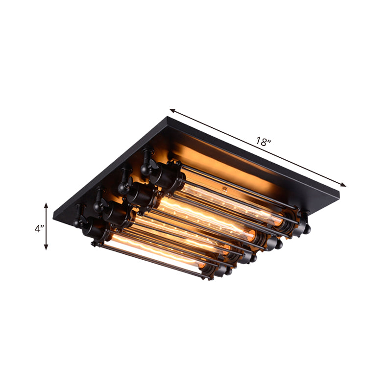 4-Head Clear Tube Glass Flush Mount Lamp Industrial Black Square Corridor Flush Mount Ceiling Fixture