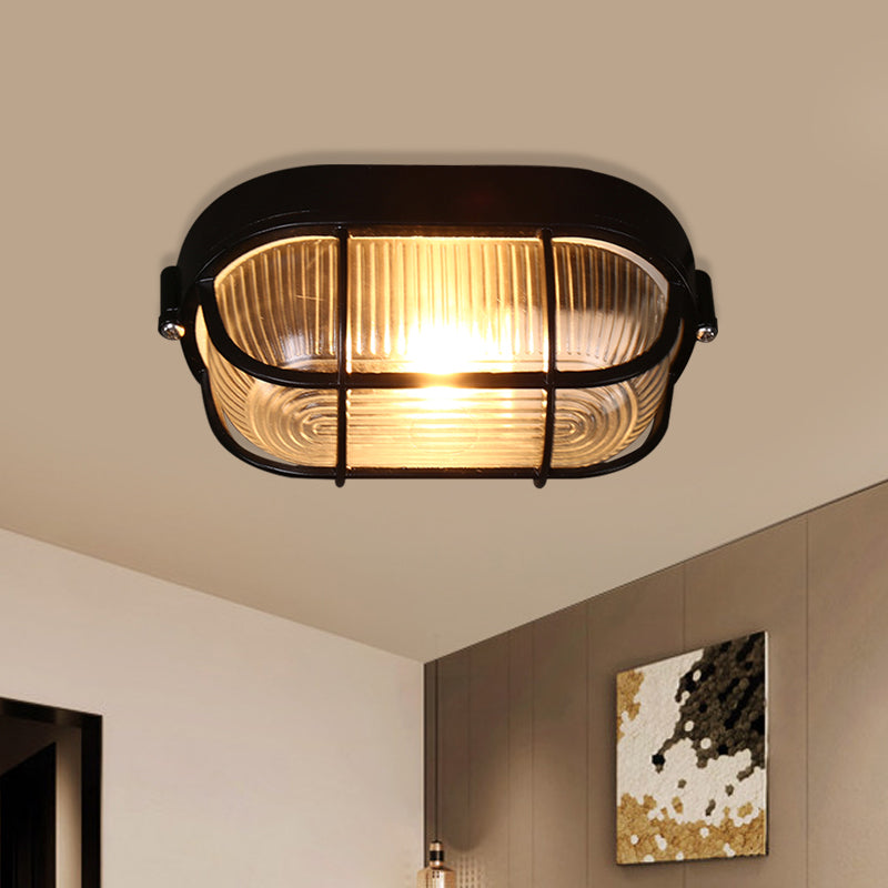 1 Bulb Half-Capsule Mini Flush Light Farmhouse Black Ribbed Glass Ceiling Lamp with Wire Cage